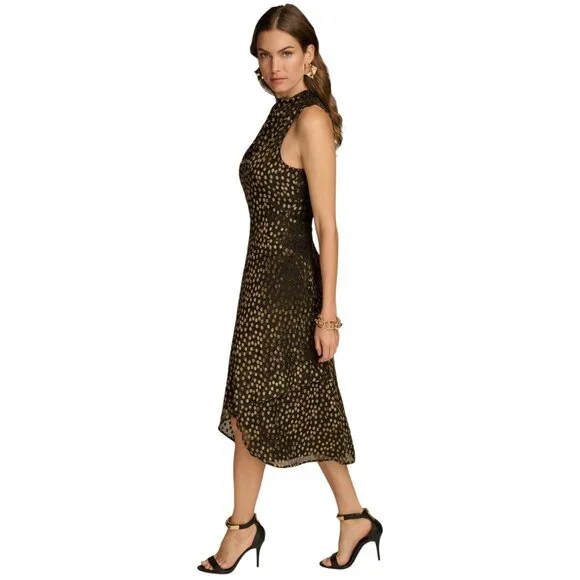 NWT Donna Karan Womens Burnout Velvet Sleeveless Midi Dress Black / Gold Multi 4